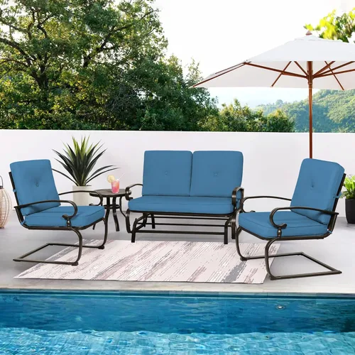 Incbruce Juegos de conversación para patio, juego de muebles de metal para exteriores (azul pavo real, hierro forjado, 4 piezas incluyendo