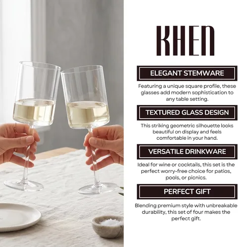 Miniatura 5 de Copas de vino acrílicas de Tritan cuadradas irrompibles, estilo europeo, juego de 4, 100 % estadounidenses, 18 onzas, aptas para lavavajillas