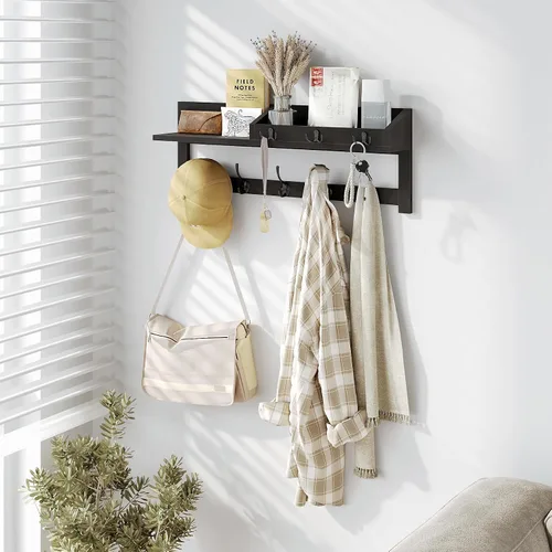 Miniatura 3 de AMBIRD Ganchos de pared con estante, ganchos de abrigo de madera para entrada de 26.57 pulgadas para pared, perchero de pared montado en pared con 5