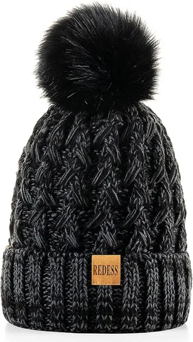 Miniatura 2 de REDESS Gorro de invierno con pompón para mujer, con forro polar, gorro grueso y holgado de punto cruzado para mujer