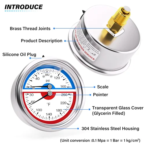 Miniatura 4 de MEANLIN MEASURE - Manómetro de presión térmica de acero inoxidable, esfera con cara de 2.5 pulgadas, NPT de 1/4 de pulgada, relleno de líquido