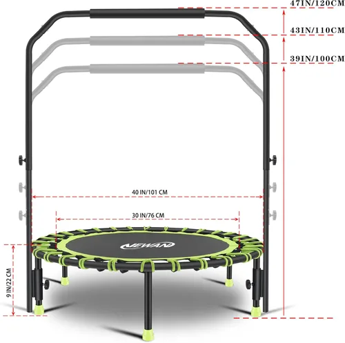 Miniatura 5 de Newan Mini trampolín silencioso de 40" con barra de mango ajustable, trampolín de fitness, reboteador bungee, entrenador de salto cardiovascular