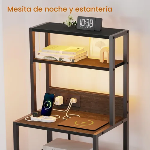 Miniatura 5 de Furnulem Mesita de Noche, Mesita Alta con 4 Estantes, 2 Cajones de Tela y Tubo de Luz, Mesas Auxiliares con Estación de Carga, Mesa de Noche