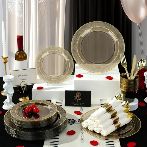 Miniatura 6 de 350 piezas de platos de plástico transparente negro para 50 invitados, juego de vajilla desechable para fiestas y graduaciones, incluye 100 platos