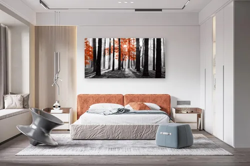 Miniatura 2 de Cao Gen Decor Art S06675 - Lienzo decorativo para pared, diseño de árbol rojo en blanco y negro, sol bosque brumoso, imagen póster impresión