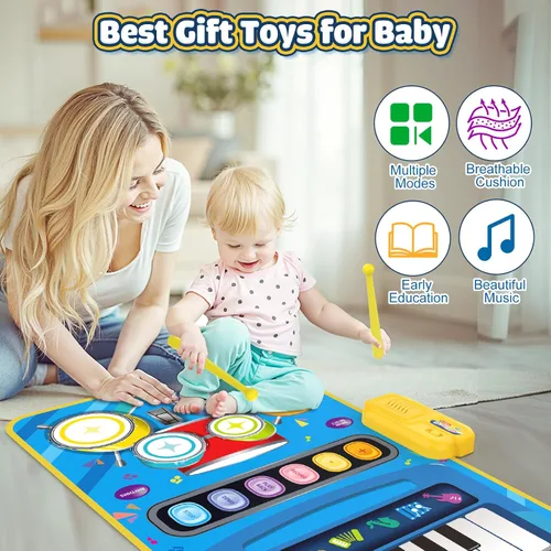 Miniatura 6 de Juguetes para bebés para niños de 1 año, niño niña, 2 en 1 alfombra musical de piano y tambor para niños pequeños de 1 a 3, alfombra de aprendizaje