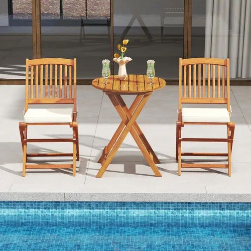 Miniatura 4 de HAPPYGRILL Juego de mesa y silla de 3 piezas con cojines plegables de madera y mesa auxiliar para balcón, jardín, patio trasero Blanco