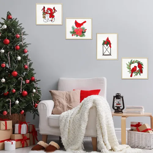 Miniatura 6 de Juego de 4 piezas de bordado navideño para principiantes, adultos, cardenal de punto de cruz, kit de punto de cruz con patrones e instrucciones