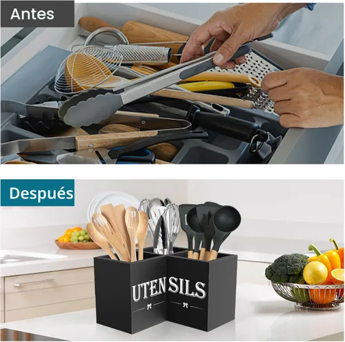 Miniatura 6 de Suli Soporte extra grande para utensilios de cocina con 3 compartimentos, organizador de utensilios de esquina para encimera, organizador de Negro