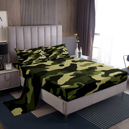Manfei Juego de sábanas de camuflaje verde tamaño individual, juego de sábanas de camuflaje militar, 3 piezas con sábana bajera de bolsillo profundo