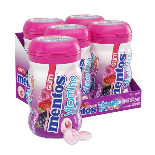 Mentos Goma de mascar con vitaminas, goma de mascar sin azúcar con xilitol, sabor a bayas, vitaminas B6, B12 y C, botella de 45 piezas (paquete de 4)