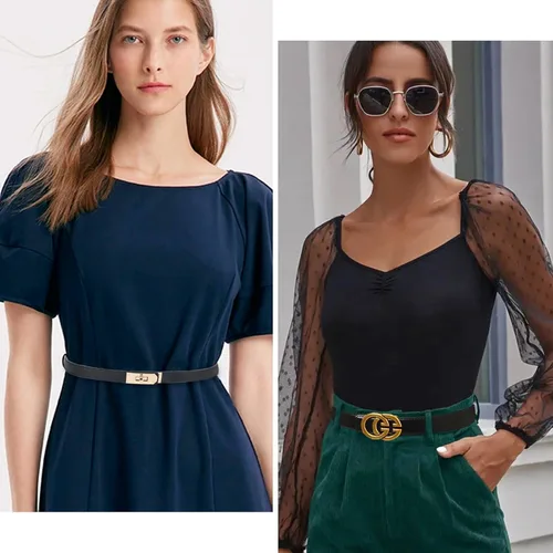 Miniatura 43 de Cinturón de cuero clásico con hebilla de metal para mujer con vestido de jeans