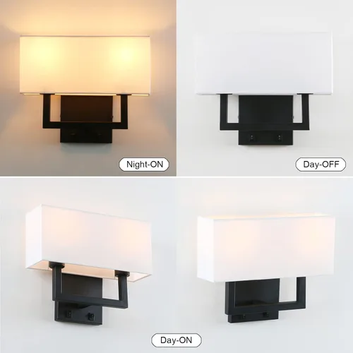 Miniatura 9 de PERMO Apliques de pared con acabado negro, doble aplique con pantallas textiles blancas y botón de encendido/apagado, lámpara de pared para sala