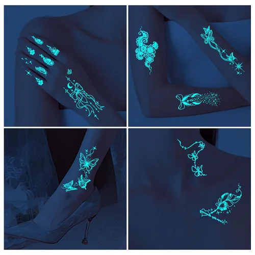 Miniatura 4 de Konsait 17 hojas de tatuajes que brillan en la oscuridad para mujeres y niñas, tatuajes de luz negra, tatuaje luminoso de mano, flores de mariposa