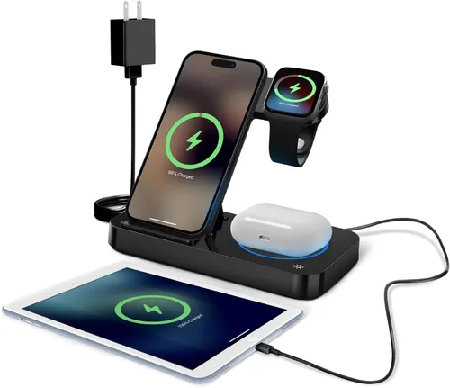 Estación de carga inalámbrica 4 en 1 para iPhone, Apple Watch y AirPods - Cargador inalámbrico para iPhone Series 16/15/14/13/12 - Apple iWatch Negro