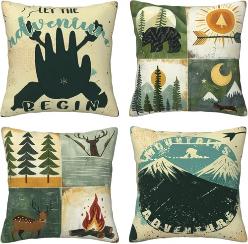 Miniatura 14 de Best Gifts - Juego de 4 fundas de almohada con diseño de oso aventuras, montañas, flechas, fogatas, árboles, bosques, campamentos, viajes, funda