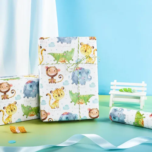 Miniatura 6 de WRAPAHOLIC Rollo de papel de regalo Kraft Animal - Mini Rollo - 17 pulgadas x 16.5 pies - Diseño de mono, elefante y dinosaurio lindos, perfecto