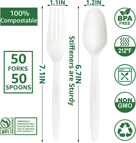 Miniatura 3 de MISISIPI [7.1 pulgadas, 100 piezas] Tenedores y cucharas 100% compostables, tenedores y cucharas biodegradables, resistentes, sin plástico, tenedor