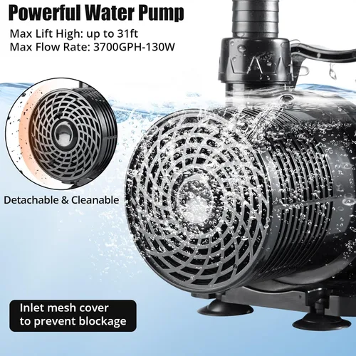 Miniatura 6 de Bomba de agua sumergible de 3700 GPH, bomba de estanque de 130 W, bomba de transferencia de agua de altura de elevación de 31 pies, 16 pies, salida