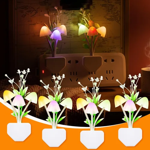 Mudder 4 Luces Nocturnas con Sensor en Forma de Hongo, Luces Nocturnas LED de 7 Colores Cambiantes, Lámpara de Pared con Sensor de Luz Enchufable