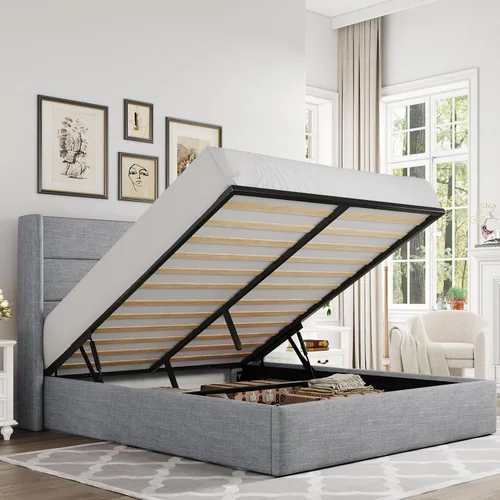 Miniatura 23 de Allewie Cama de Almacenamiento Elevable Tamaño Completo, Cabecero Capitonado con Botones con Respaldo de Ala, Soporte Hidráulico, No Necesita Gris