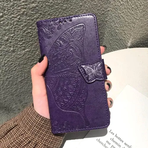 Miniatura 7 de Funda para teléfono Galaxy A14 5G, cartera con tapa para mujer, de piel sintética en relieve de mariposa con tarjeteros de crédito, correa de Púrpura