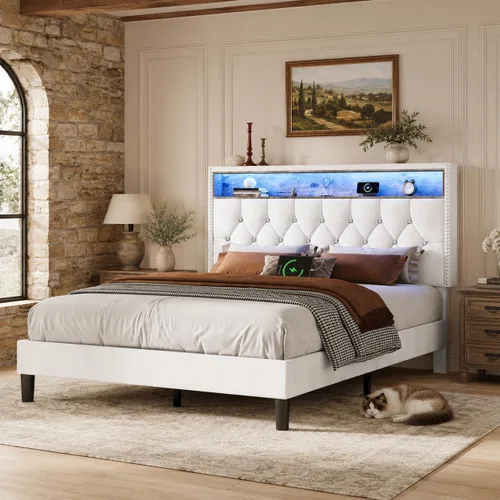 Miniatura 10 de HOMBCK - Base de cama de tamaño matrimonial con estación de carga y cabecera de almacenamiento, marco de cama tapizado de terciopelo con luces LED