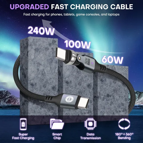 Miniatura 5 de Cable USB tipo C a C PD de 240 W (1 paquete de 3.3 pies) USB2.0 480MBPS y cable de transferencia de datos de rotación de 180° y 360°, cable de carga
