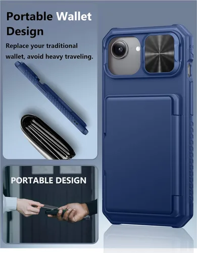 Miniatura 6 de ATATOO Funda tipo cartera para iPhone 16e, tarjetero integrado (3-5 tarjetas) y funda de cámara deslizante y bloqueo RFID, protección de grado Azul