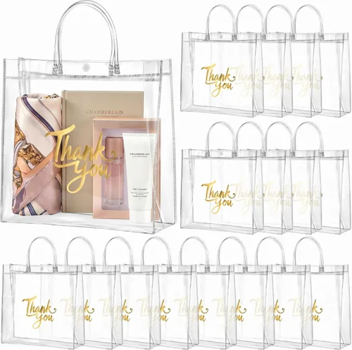 Miniatura 10 de Leinuosen - 50 bolsas de regalo transparentes con asas de 5.9 x 5.1 x 2.76 pulgadas, bolsas de agradecimiento de PVC transparente, suministros
