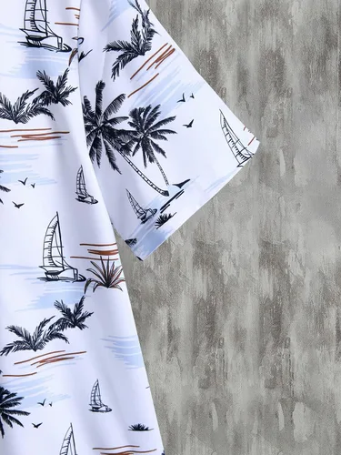 Miniatura 4 de Cozyease Conjunto de camisa hawaiana y pantalón corto para hombre, conjunto casual de 2 piezas, camisa floral con botones y pantalones cortos