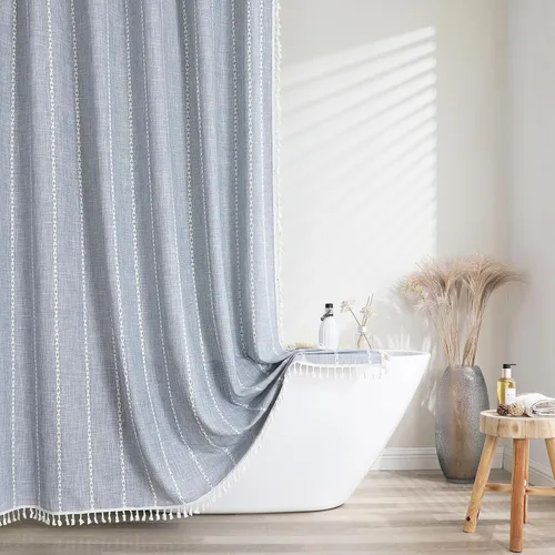 meioro Cortina de ducha bohemia a rayas, juego de cortina de ducha de tela tejida de lino de 10.41 oz/m² con borla, repelente al agua, rústica, Azul