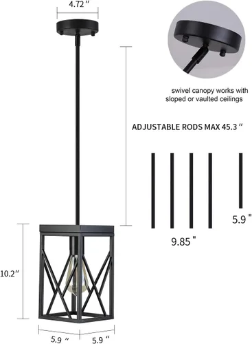 Miniatura 4 de Lámpara colgante moderna negra con jaula de metal, varillas ajustables de una sola luz, mini lámpara colgante industrial para cocina, isla, Negro