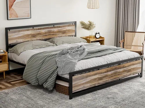Miniatura 9 de IKIFLY Marco de cama de metal tamaño California King, plataforma industrial Cal King con cabecero de madera, soporte de listones de acero