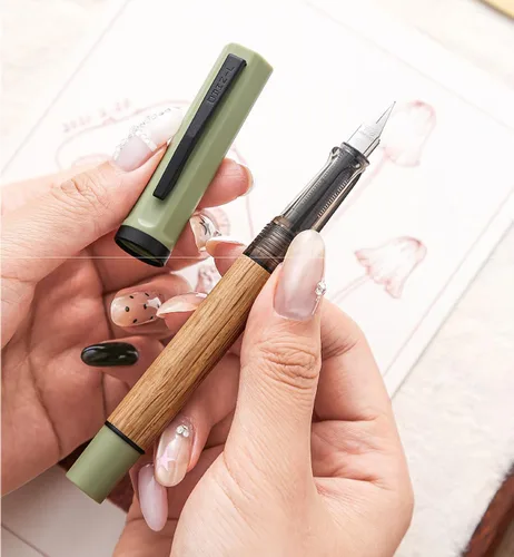 Miniatura 5 de Jinhao 58 - Pluma estilográfica de madera de roble natural hecha a mano, punta fina con tapa de rosca y convertidor de tinta, elegante regalo Verde
