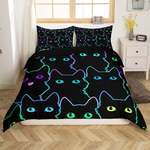 Miniatura 37 de Juego de ropa de cama con diseño de dibujos animados para niñas, niños, mascotas, gatos, funda de edredón con luz de neón, funda de edredón colorida
