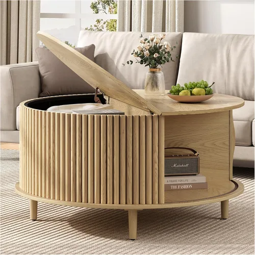 Miniatura 23 de SULIVES Mesa auxiliar ovalada con almacenamiento, mesa de centro multifuncional con tambor elevable, pequeña mesa central acanalada para sala