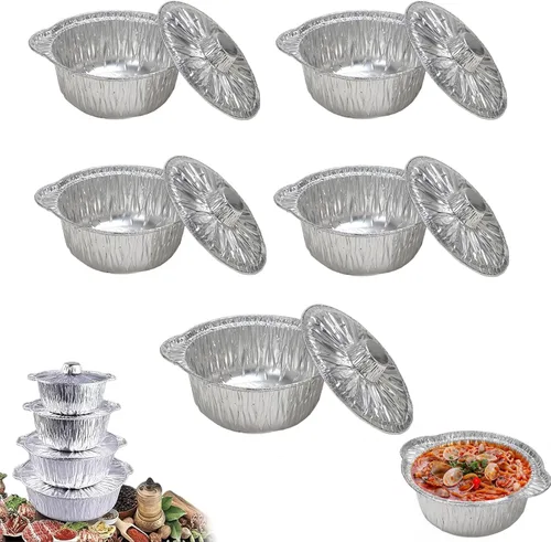 Miniatura 9 de Macetas desechables de aluminio con tapas, 12 unidades, 135.3 fl oz, plateadas, sin recubrimiento, aptas para horno y estufa, incluye tapas