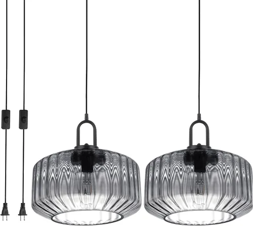 Miniatura 15 de Lámpara colgante de globo de vidrio enchufable, lámpara colgante moderna de mediados de siglo con cable de 14.7 pies, pantalla de vidrio a rayas