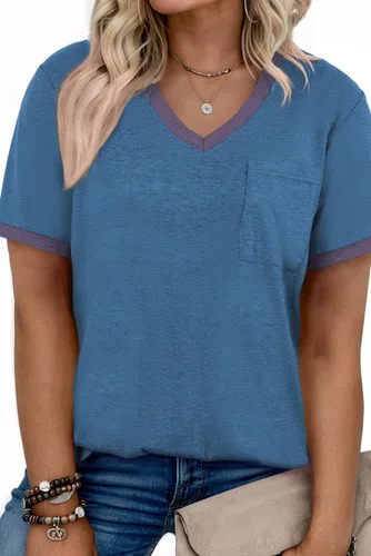 Miniatura 79 de Eytino Blusas de talla grande para mujer, cuello en V, manga corta, a rayas, casual, holgada, con bolsillo (1X-5X)