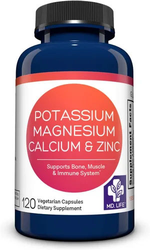 MD. Life Suplemento de potasio, magnesio y zinc y calcio, 120 cápsulas, suplemento de potasio y magnesio y zinc, apoya la salud ósea y la salud