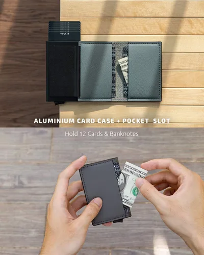 Miniatura 4 de VULKIT Tarjetero RFID Bloqueo de Cuero Automático Pop Up Cartera Aluminio Slim Pocket Tarjeta de Visita