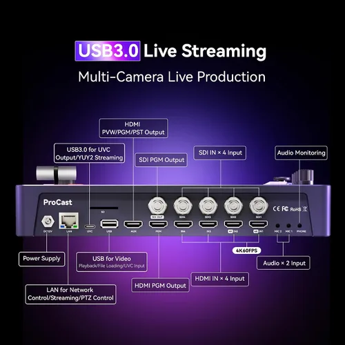 Miniatura 2 de Tenveo Conmutador Mezclador de Video HDMI 4K60FPS, 4*SDI & 4*HDMI Entrada, Conmutador de Transmisión en Vivo de 5 Canales, Pantalla FHD de 5.5