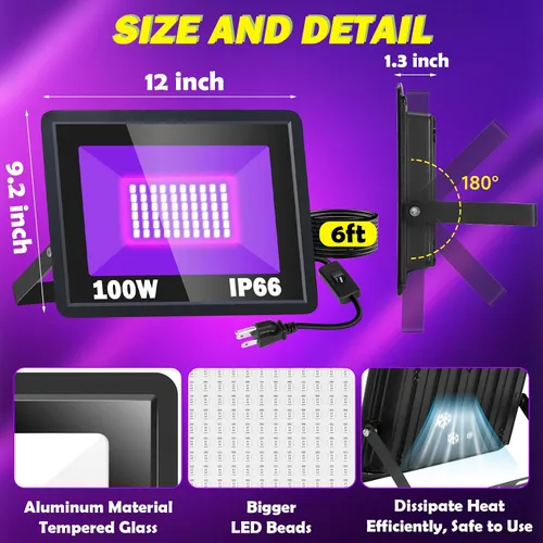Miniatura 5 de Paquete de 2 luces LED negras de 100 W, IP66, impermeables, para exteriores, con enchufe, interruptor, cable para fiesta de neón fluorescente
