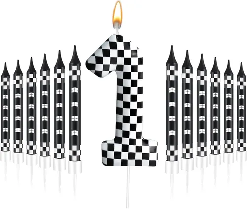13 piezas de velas temáticas de coches de carreras para cumpleaños en negro y blanco con número de carrera 1 a cuadros, velas para tarta de coche de