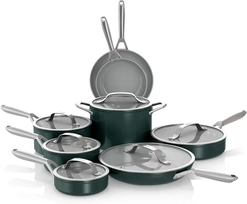 Miniatura 18 de Ninja Ceramic Pro Juego de utensilios de cocina de 14 piezas, juego de ollas y sartenes antiadherentes con tapas de vidrio, no tóxico, sin PTFE