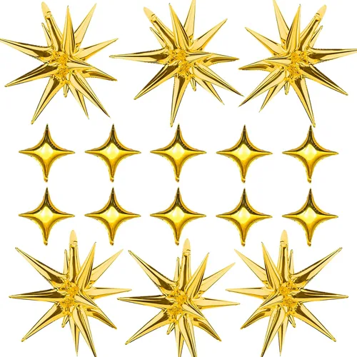 Kit de Globos de Papel Aluminio con Estrella Dorada - Paquete de 6 Globos de Cono y Punta de Explosión Estelar de 12 Puntos con 10 Piezas de