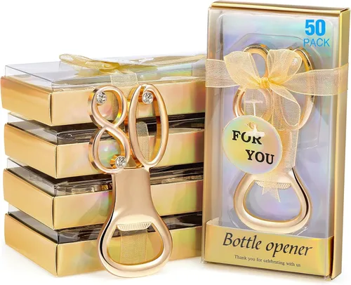 Boao 50 unidades de abrebotellas de cumpleaños, recuerdos de fiesta, recuerdos de cumpleaños, aniversario de boda para invitados, abridor de Dorado