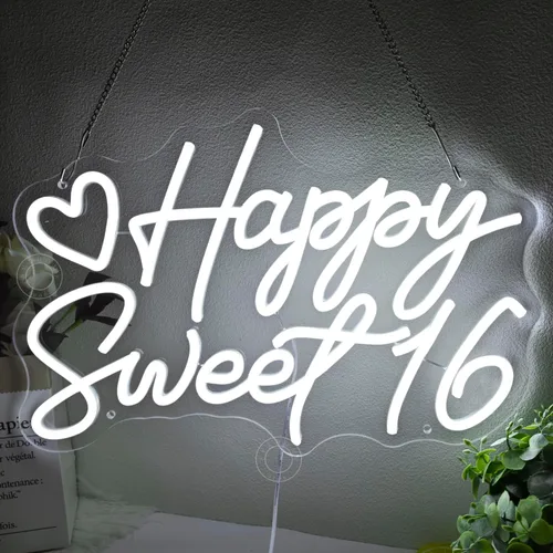 Miniatura 5 de SYLHOME Letrero de Luz de Neón LED Feliz Dulce 16 Letrero de Pared de Fondo para Fiesta de Cumpleaños 16 Decoración Banner de Dieciséis Cumpleaños