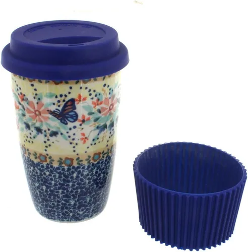 Blue Rose Polish Pottery - Taza de café de viaje de mariposa amarilla y azul - 12 oz - Taza para llevar, se adapta a la mayoría de portavasos de